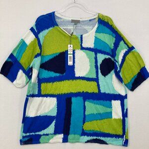 New Joseph A Large Green Blue Color-block Abstract Stretch Knit Short Sleeve Top